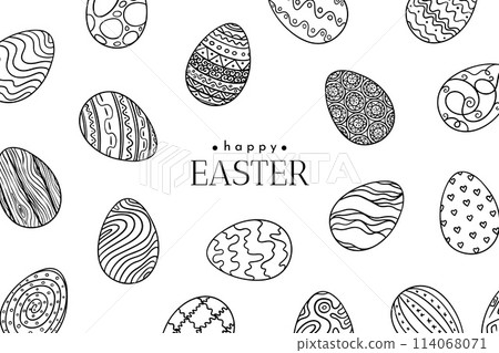 Easter egg composition in doodle style. Banner background. Hand drawn illustration. Easter vector border in doodle style. 114068071