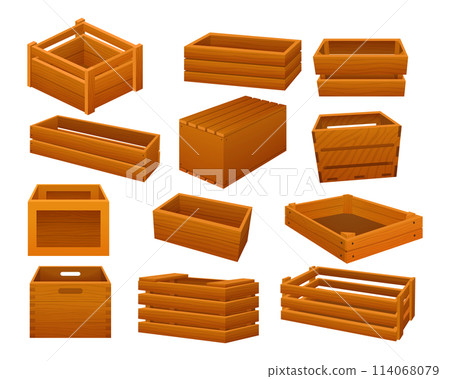 Cartoon wooden containers. Delivery containers, empty wood boxes and parcels, packed shipping crates isolated vector illustration set. Cartoon wooden containers. Delivery containers, empty wood boxes and parcels, packed shipping crates isolated vector illustration set. 114068079
