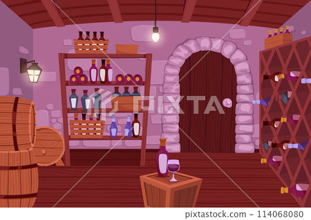 Wine cellar interior. Alcohol shelving with wine champagne barrel in castle basement. Wine shop, cellar interior with wooden barrels, shelves with glass bottles Wine cellar interior. Alcohol shelving with wine champagne barrel in castle basement. Wine shop, cellar interior with wooden barrels, shelves with glass bottles 114068080