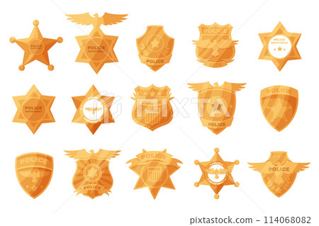 Police gold Badges. Police labels. Policeman law enforcement badges. Sheriff, marshal and ranger logo, police star medallions. Sheriff Badges. 114068082