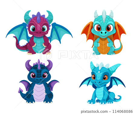 Cartoon dragon set. Fairy cute dragonfly icons collection. Baby fire dragon or dinosaur cute characters. Fairytale monsters. Cartoon dragon set. Fairy cute dragonfly icons collection. Baby fire dragon or dinosaur cute characters. Fairytale monsters. 114068086