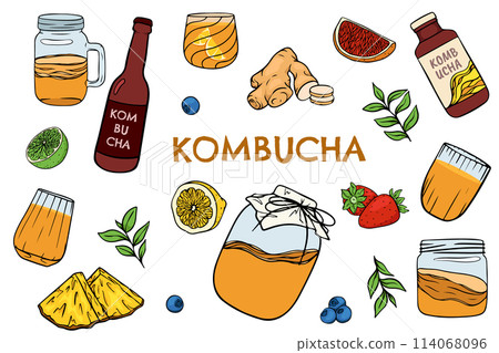 Kombucha tea and ingredients for kombucha. Kombucha fermented tea in glass jar and bottle with lemon and ginger. Kombucha drink. Tea mushroom, tea fungus Kombucha tea and ingredients for kombucha. Kombucha fermented tea in glass jar and bottle with lemon and ginger. Kombucha drink. Tea mushroom, tea fungus 114068096