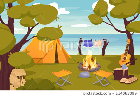 Nature camp landscape with tents, campfire, backpack. Vector cartoon landscape with mountain, forest and campsite. Equipment for travel Nature camp landscape with tents, campfire, backpack. Vector cartoon landscape with mountain, forest and campsite. Equipment for travel 114068099