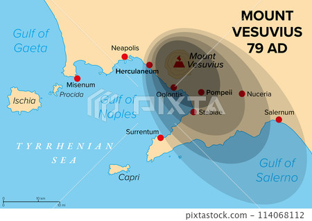 Eruption of Mount Vesuvius in 79 AD, history map. General distribution of ash and pumice. Major stratovolcano in southern Italy buried and destroyed the Roman towns Pompeii, Herculaneum, and others. 114068112