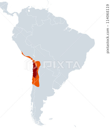 Atacama Desert, political map. Hyperarid desert plateau, located on the Pacific coast of South America, north of Chile, highlighted in red. Arid barren lower slopes of the Andes highlighted in orange. 114068119