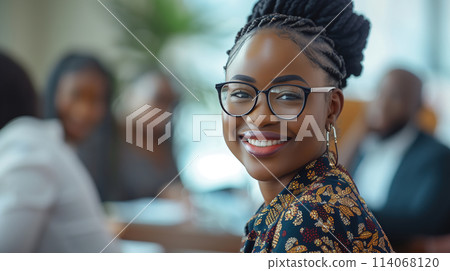 Confident Young Businesswoman Smiling During Corporate Meeting in Modern Office Setting 114068120
