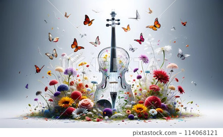 Violin Surrounded by Flowers and Butterflies. Generative AI 114068121
