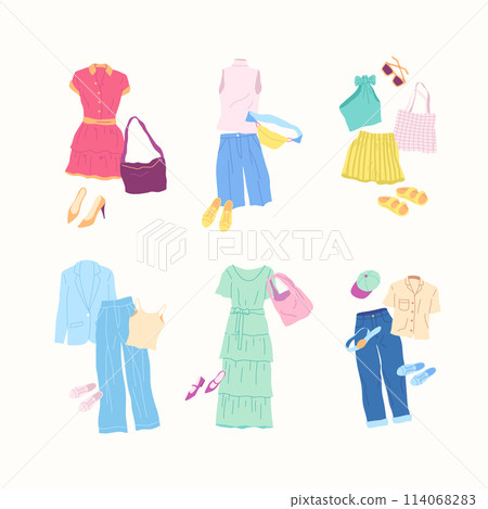 Cartoon Clothes Female Different Style Summer Combo Set Concept Flat Design Style Isolated on a White Background. Vector illustration 114068283
