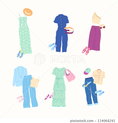 Cartoon Clothes Female Casual Summer Travel Combo Set Concept Flat Design Style Isolated on a White Background. Vector illustration 114068291