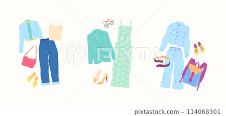Cartoon Clothes Female Blue and Green Combo Set Concept Flat Design Style Isolated on a White Background. Vector illustration Cartoon Clothes Female Blue and Green Combo Set Concept Flat Design Style Isolated on a White Background. Vector illustration 114068301