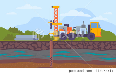 Cartoon Color Water Well Drilling Landscape Scene Industry and Technology Concept Flat Design Style. Vector illustration of Layers of Land with Underground River Cartoon Color Water Well Drilling Landscape Scene Industry and Technology Concept Flat Design Style. Vector illustration of Layers of Land with Underground River 114068314