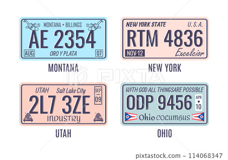 Cartoon Color Car Numbers of Vehicle Registration Icona Concept Flat Design Style. Vector illustration of Montana, New York, Utah and Ohio 114068347