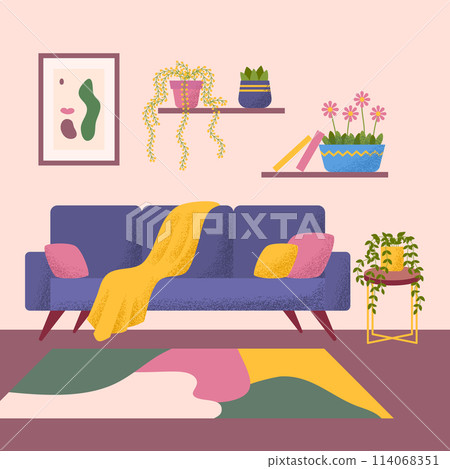 Cartoon Color Sofa Modern Living Room Interior Inside Hygge Flat Design Style. Vector illustration of Apartment Cartoon Color Sofa Modern Living Room Interior Inside Hygge Flat Design Style. Vector illustration of Apartment 114068351