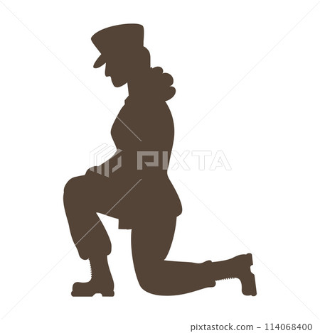 Military soldier woman on one knee. Black drawing silhouette. Memorial Day. Vector illustration. Military soldier woman on one knee. Black drawing silhouette. Memorial Day. Vector illustration. 114068400