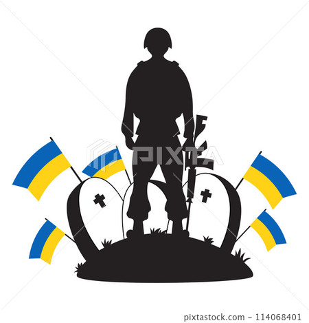 Military soldier stands with weapon in graveyard in front of graves with Ukrainian flags. Veterans Cemetery. Memorial Day. Silhouette drawing. Vector illustration. Military soldier stands with weapon in graveyard in front of graves with Ukrainian flags. Veterans Cemetery. Memorial Day. Silhouette drawing. Vector illustration. 114068401
