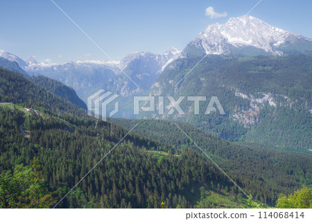 View of mountain valley near Jenner mount in Berchtesgaden National Park, Alps 114068414