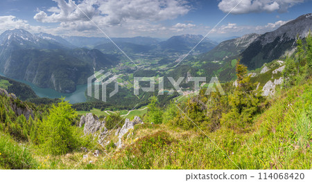 Mountain valley with tracks near Jenner mount in Berchtesgaden National Park Mountain valley with tracks near Jenner mount in Berchtesgaden National Park 114068420