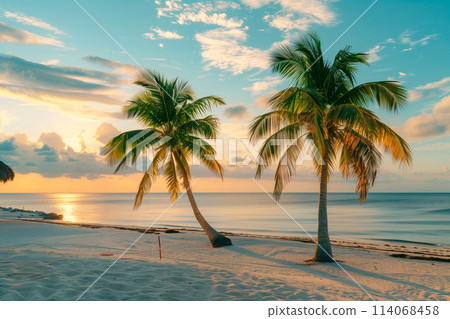 Two palm tree stands tall on sandy beach during sunset 114068458