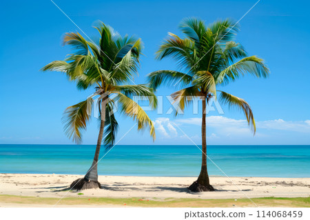 Two palm tree stands tall on sandy beach under a clear blue sky. 114068459
