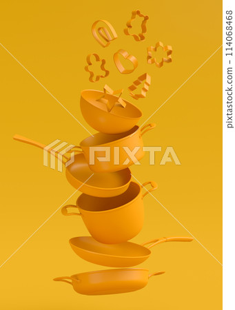 Set of flying stewpot, frying pan and plated cookware on monochrome background Set of flying stewpot, frying pan and plated cookware on monochrome background 114068468