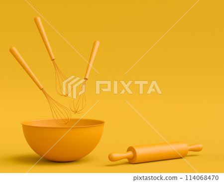 Wooden kitchen utensils, tools and equipment on yellow monochrome background. 114068470