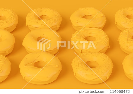 Isometric view of glazed donut with sprinkles on plain monochrome yellow color Isometric view of glazed donut with sprinkles on plain monochrome yellow color 114068473