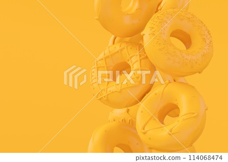 Chocolate glazed donut with sprinkles on plain monochrome yellow color 114068474