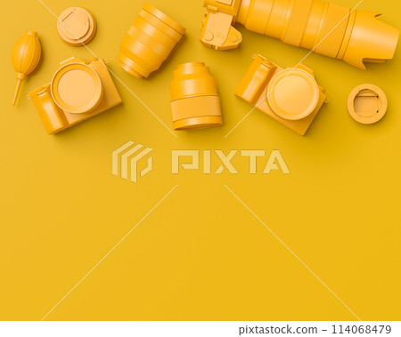 Top view of designer workspace and photography gear on monochrome table 114068479