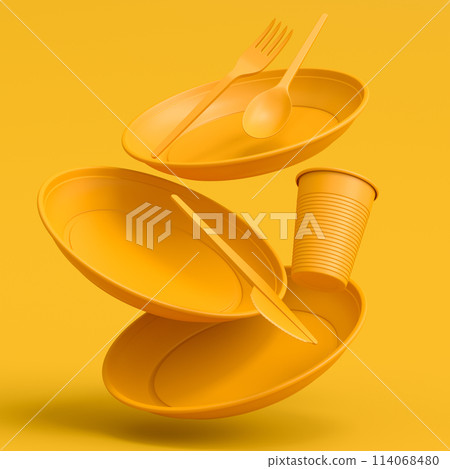 Set of disposable utensils like plate, folk, spoon,knife, cup and pepper mill 114068480