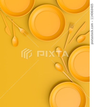 Set of disposable utensils like plate, folk, spoon,knife, cup and pepper mill 114068485