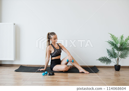 Young woman exercising with dumbbells in a bright room Young woman exercising with dumbbells in a bright room 114068604