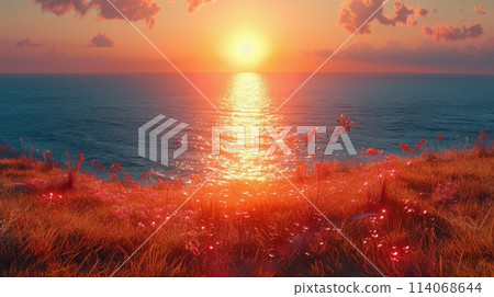 Sun Setting Over Ocean With Waves 114068644