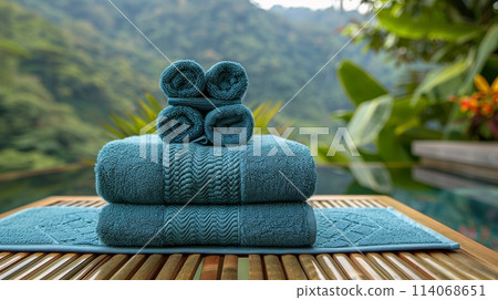 Stack of Blue Towels on Wooden Table 114068651