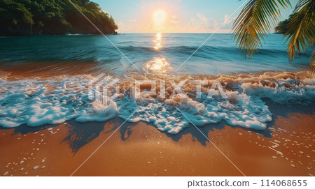 Serene Beachscape with Fluffy Clouds Over Turquoise Sea 114068655