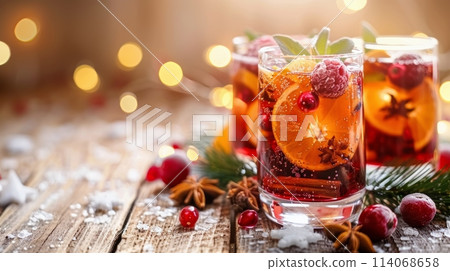 Close Up of a Glass of Drink on a Table 114068658