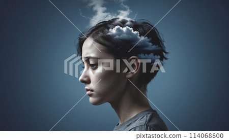 Conceptual representation of a person suffering from migraine or a mental disorder or brain fog that limits thinking ability and reduces cognitive performance - ai generated 114068800