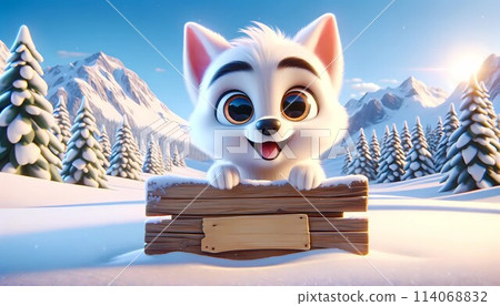 White Dog Standing on Top of Wooden Sign. Generative AI 114068832