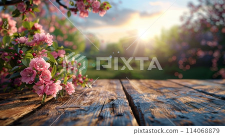 Wooden Table Covered With Abundant Flowers Wooden Table Covered With Abundant Flowers 114068879