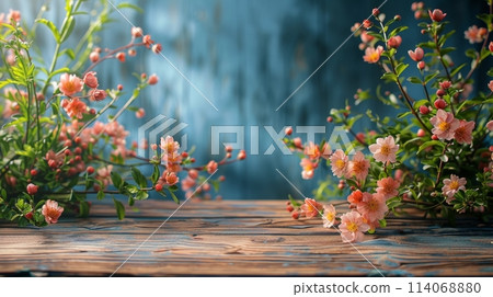 Wooden Table Covered With Pink Flowers Wooden Table Covered With Pink Flowers 114068880