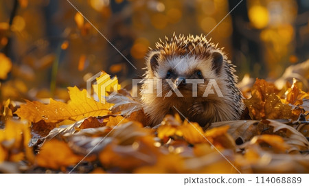 Hedgehog Walking Through Pile of Leaves 114068889