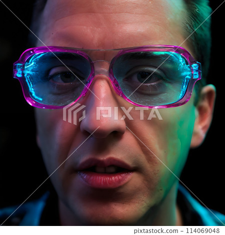 Neon Dreams, A Portrait of Contemplation in Pink and Green Hues Neon Dreams, A Portrait of Contemplation in Pink and Green Hues 114069048