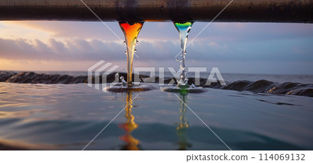 Conceptual illustration of a toxic liquid being discharged directly into the sea from an industrial plant or leaking from a faulty pipeline - ai generated 114069132