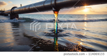 Conceptual illustration of a toxic liquid being discharged directly into the sea from an industrial plant or leaking from a faulty pipeline - ai generated 114069133