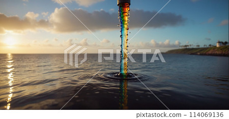 Conceptual illustration of a toxic liquid being discharged directly into the sea from an industrial plant or leaking from a faulty pipeline - ai generated 114069136