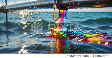 Conceptual illustration of a toxic liquid being discharged directly into the sea from an industrial plant or leaking from a faulty pipeline - ai generated 114069138