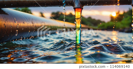 Conceptual illustration of a toxic liquid being discharged directly into the sea from an industrial plant or leaking from a faulty pipeline - ai generated 114069140