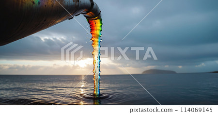 Conceptual illustration of a toxic liquid being discharged directly into the sea from an industrial plant or leaking from a faulty pipeline - ai generated 114069145