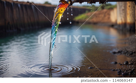 Conceptual illustration of a toxic liquid being discharged directly into the sea from an industrial plant or leaking from a faulty pipeline - ai generated 114069147