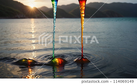 Conceptual illustration of a toxic liquid being discharged directly into the sea from an industrial plant or leaking from a faulty pipeline - ai generated 114069149