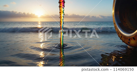 Conceptual illustration of a toxic liquid being discharged directly into the sea from an industrial plant or leaking from a faulty pipeline - ai generated 114069150